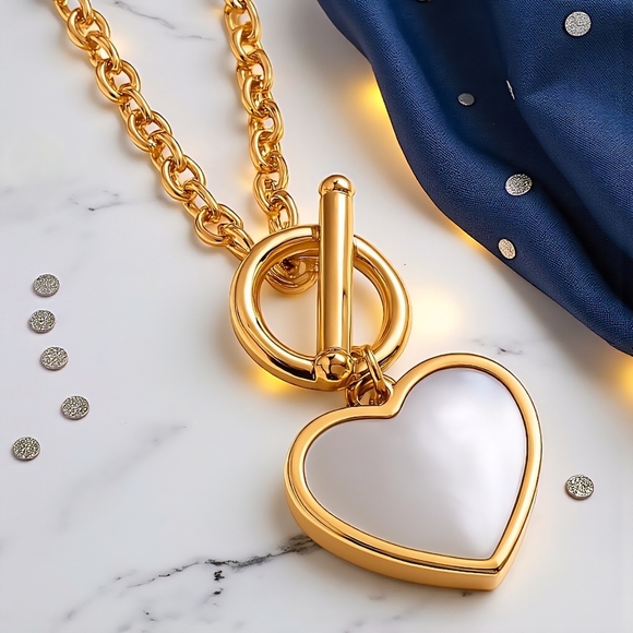 18K Gold Plated Heart Jewelry Set 💖Dainty Earrings & Necklace w/ Shell Inlay - Picture 6 of 11